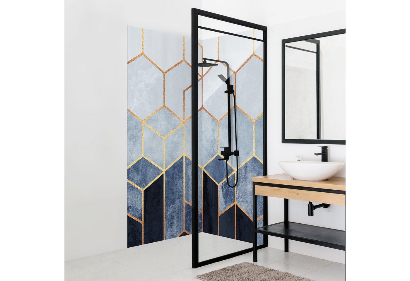 Bilderdepot24 Badrückwand Muster blau Badrückwand ohne Bohren Dusche Aquarell, (2-tlg., Hart-Folie Smart matt 0,35 mm), fugenlose & wasserfeste Motiv Rückwand Wandverkleidung für Duschkabine von Bilderdepot24