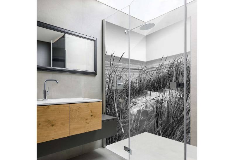 Bilderdepot24 Badrückwand Strand schwarz weiß Duschrückwand ohne Bohren Dusche Natur, (2-tlg., Hart-Folie Smart matt 0,35 mm), fugenlose & wasserfeste Motiv Rückwand Wandverkleidung für Duschkabine von Bilderdepot24