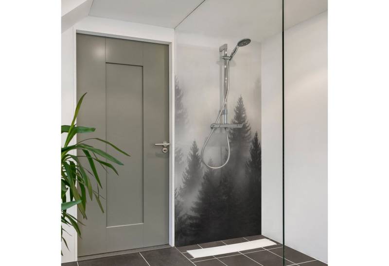 Bilderdepot24 Badrückwand Wald schwarz weiß Badrückwand ohne Bohren Dusche Natur, (1-tlg., Hart-Folie Smart matt 0,35 mm), fugenlose & wasserfeste Motiv Rückwand Wandverkleidung für Duschkabine von Bilderdepot24