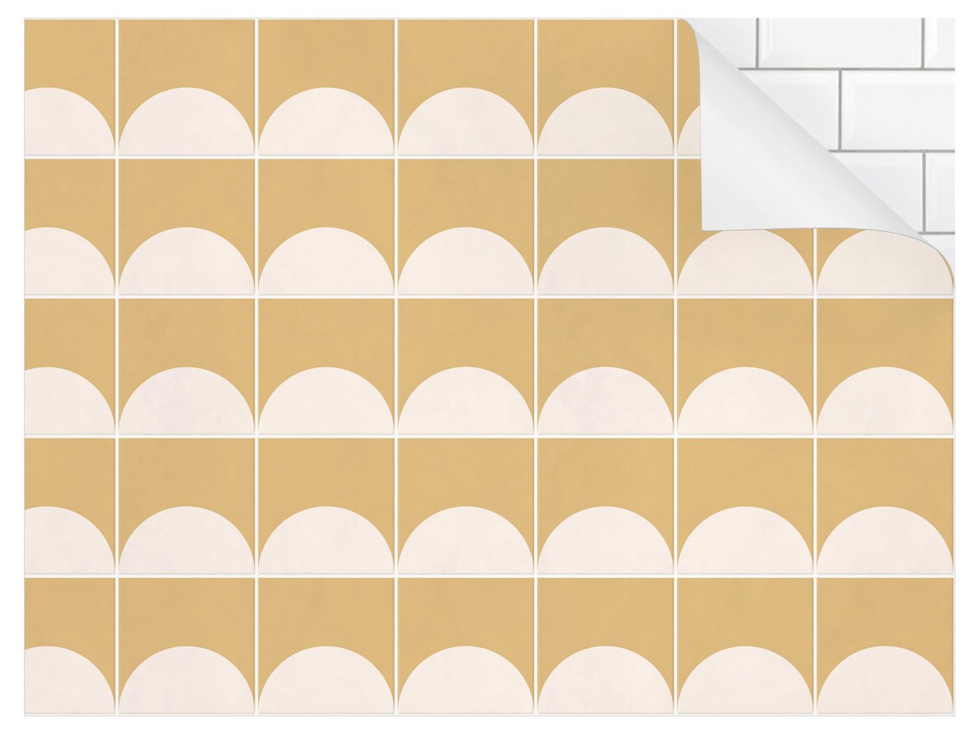 Bilderdepot24 Badrückwand gelb fugenlose Wandverkleidung Bad Abstrakt, (Hartfolie matt » Selbstklebend SMART 0,35 mm), wasserfestes Wandpaneel Fliesen Halbkreisen Gelb von Bilderdepot24