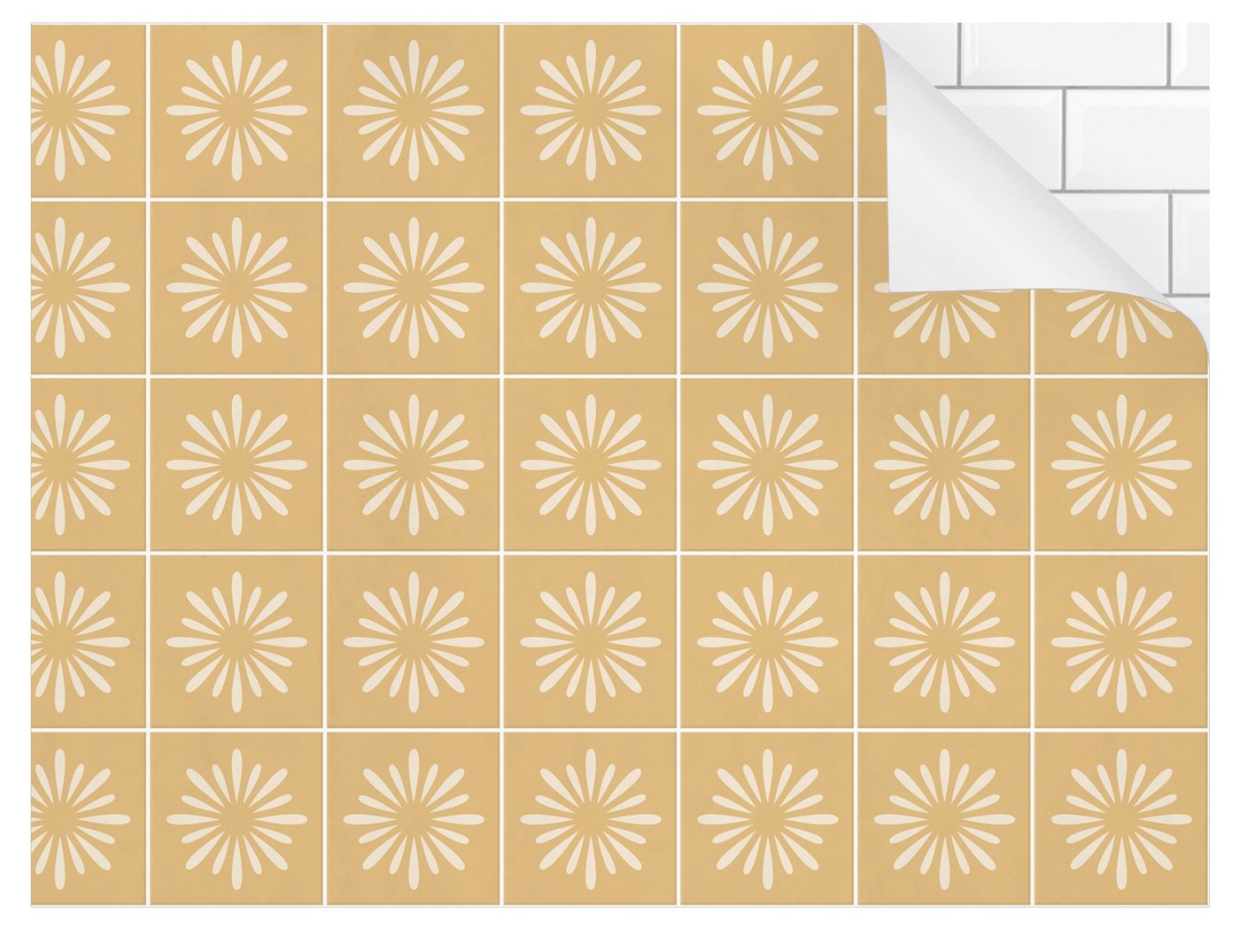 Bilderdepot24 Badrückwand gelb fugenlose Wandverkleidung Bad modern, (Hartfolie matt » Selbstklebend SMART 0,35 mm), wasserfestes Wandpaneel Fliesen Blumen Gelb von Bilderdepot24