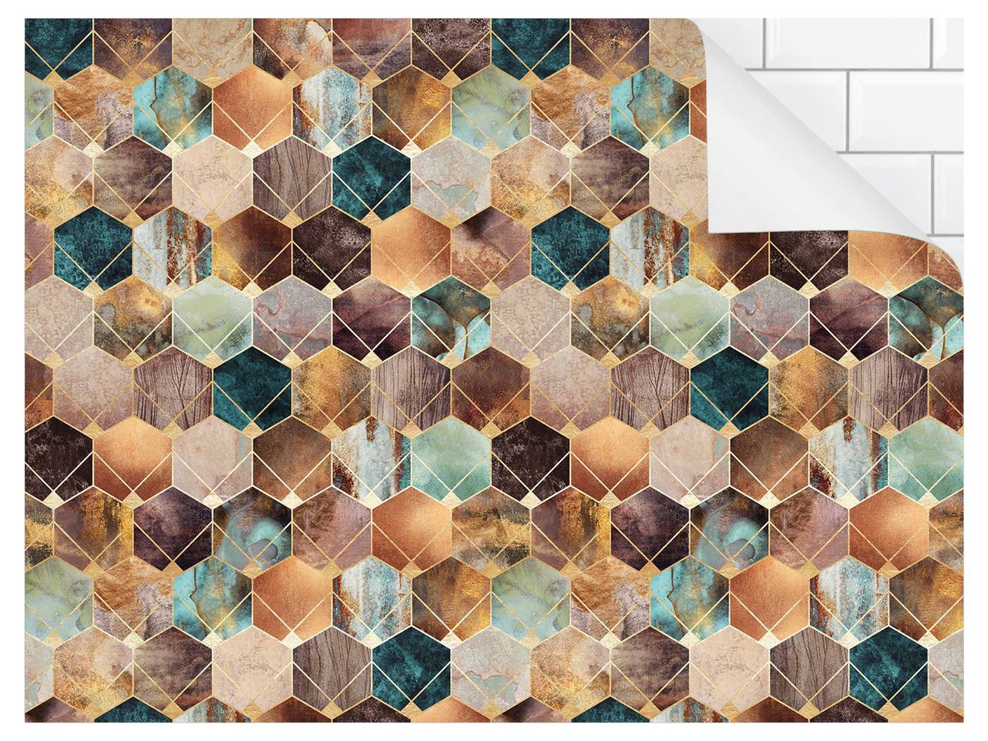 Bilderdepot24 Badrückwand gold fugenlose Wandverkleidung Bad Abstrakt, (Hartfolie matt » Selbstklebend SMART 0,35 mm), wasserfestes Wandpaneel Türkise Geometrie goldenes Art Deco II von Bilderdepot24