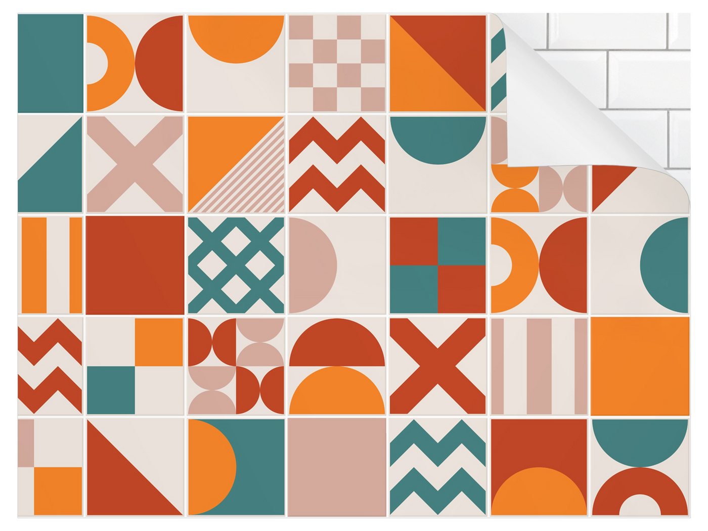 Bilderdepot24 Badrückwand orange fugenlose Wandverkleidung Bad modern, (Hartfolie matt » Selbstklebend PREMIUM 0,61 mm), wasserfestes Wandpaneel Geometrische Terracotta Petrol von Bilderdepot24