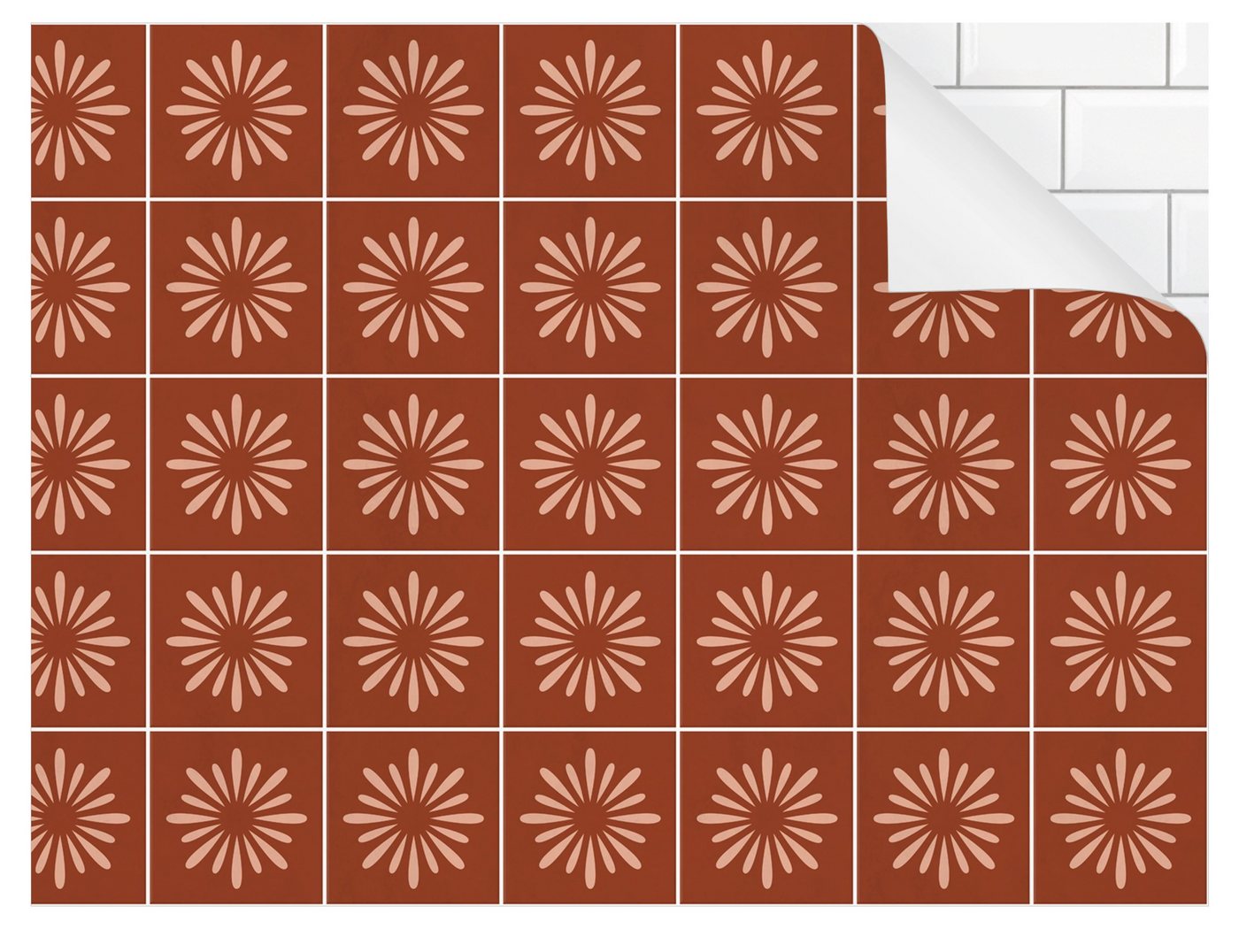 Bilderdepot24 Badrückwand rot fugenlose Wandverkleidung Bad modern, (Hartfolie matt » Selbstklebend SMART 0,35 mm), wasserfestes Wandpaneel Fliesen Blumen Terracotta von Bilderdepot24