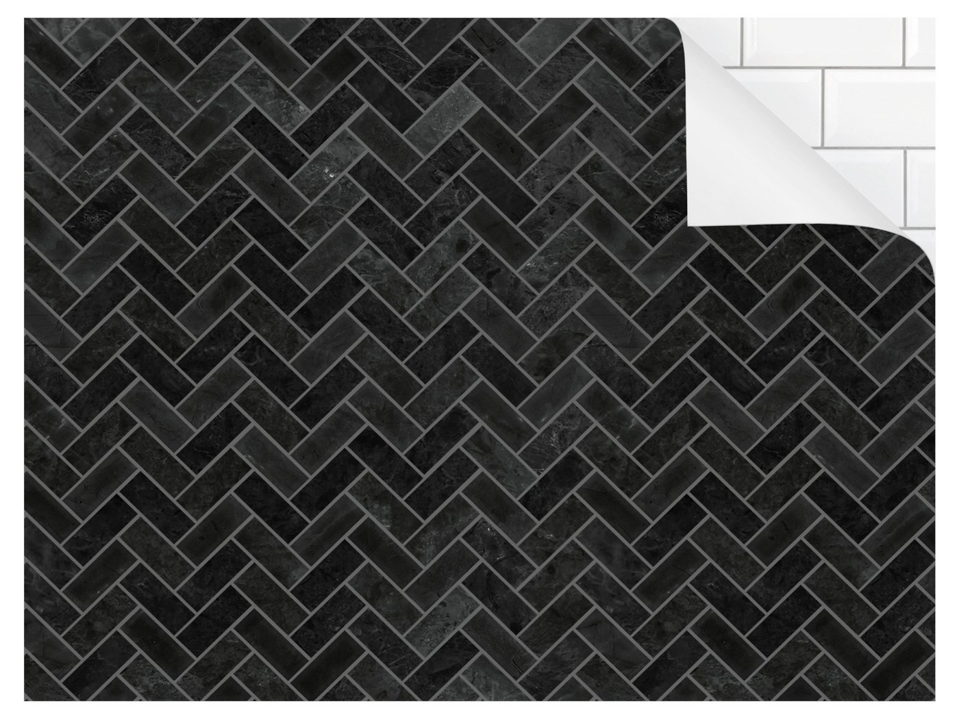 Bilderdepot24 Badrückwand schwarz fugenlose Wandverkleidung Bad modern, (Hartfolie matt » Selbstklebend PREMIUM 0,61 mm), wasserfestes Wandpaneel Marmor Fischgräten Schwarz graue Fugen von Bilderdepot24
