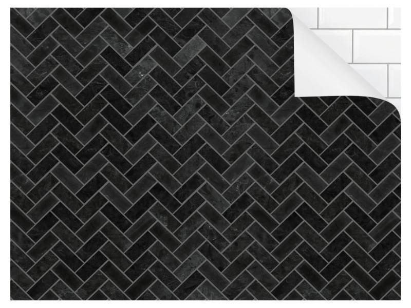 Bilderdepot24 Badrückwand schwarz fugenlose Wandverkleidung Bad modern, (Hartfolie matt » Selbstklebend PREMIUM 0,61 mm), wasserfestes Wandpaneel Marmor Fischgräten Schwarz graue Fugen von Bilderdepot24