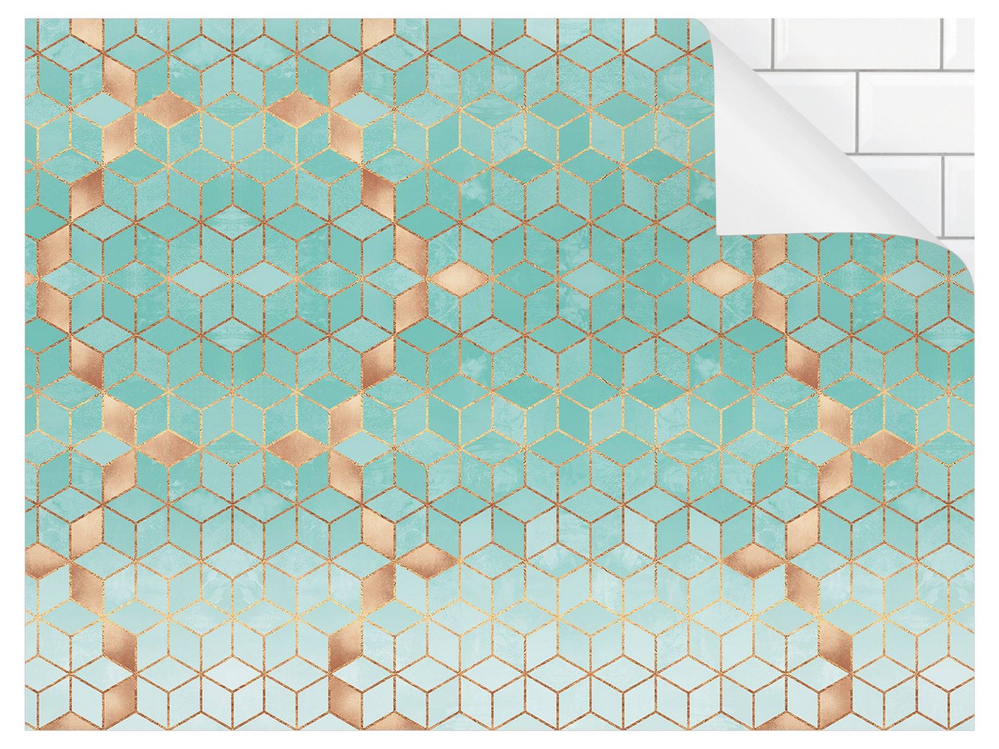 Bilderdepot24 Badrückwand türkis fugenlose Wandverkleidung Bad Abstrakt, (Hartfolie matt » Selbstklebend SMART 0,35 mm), wasserfestes Wandpaneel Türkis Weiß goldene Geometrie II von Bilderdepot24