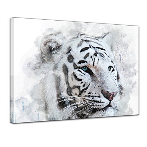 Bilderdepot24 Bild auf Leinwand | Aquarell - Weißer Tiger II in 70x50 cm als Wandbild | Wand-deko Dekoration Wohnung modern Bilder | 210380B von Bilderdepot24