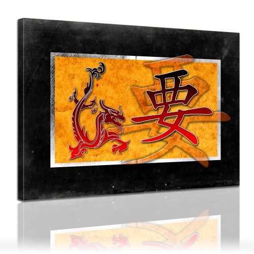 Bilderdepot24 Bild auf Leinwand | Chinesische Kunst - Drachen und Zeichen in 80x60 cm als Wandbild | Wand-deko Dekoration Wohnung modern Bilder | 11866 von Bilderdepot24