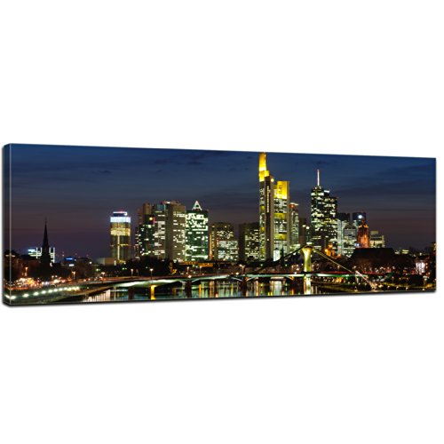 Bilderdepot24 Bild auf Leinwand | Frankfurt Skyline bei Nacht - Deutschland in 160x50 cm als Panorama Wandbild XXL | Wand-deko Dekoration Wohnung modern Bilder | 170127 von Bilderdepot24