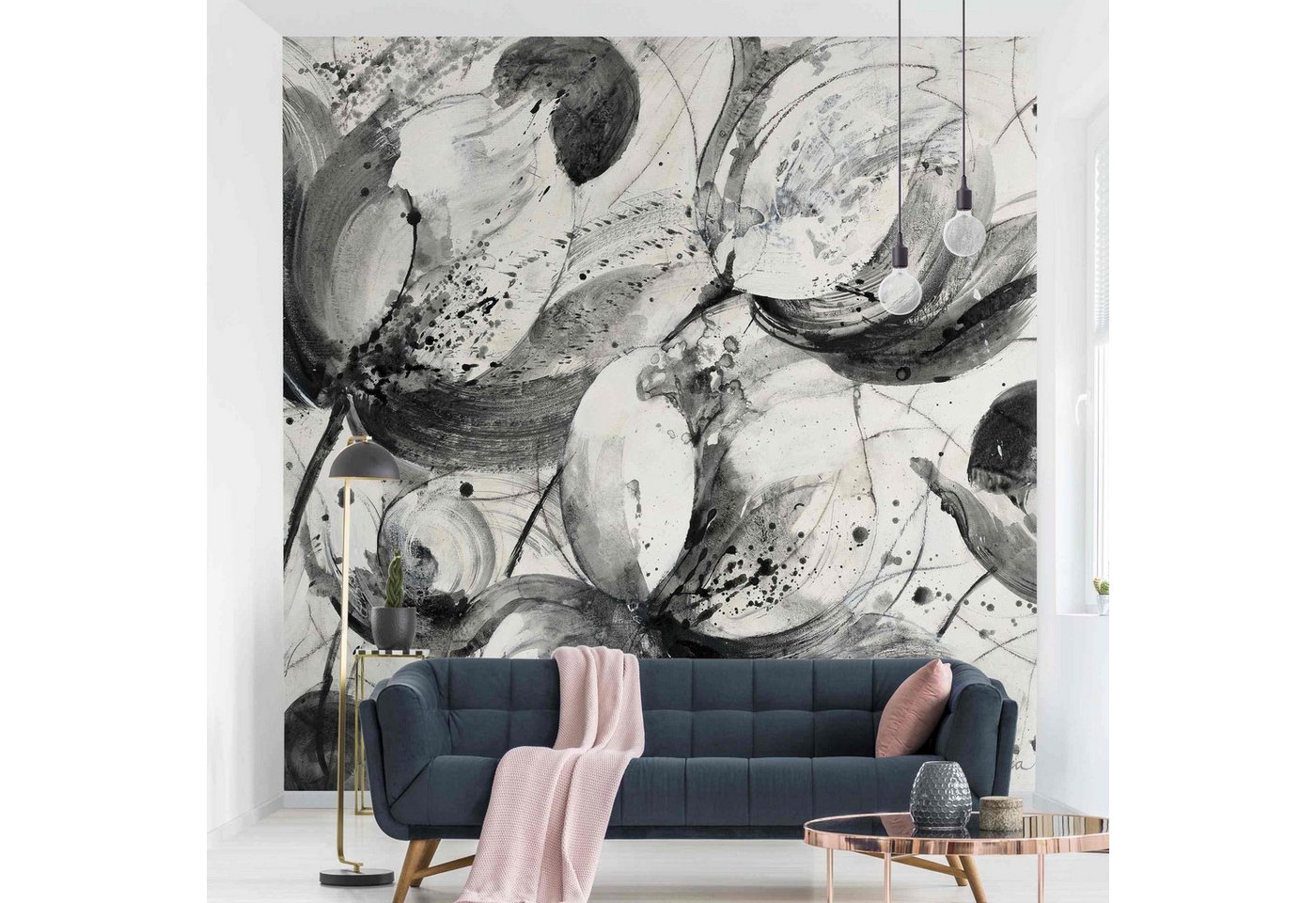 Bilderdepot24 Fototapete Abstrakte Blüten Aquarell Blumen Floral Kunst schwarz weiß modern, Glatt, Matt, (Vliestapete inkl. Kleister oder selbstklebend), Wohnzimmer Schlafzimmer Küche Flur Motivtapete Vliestapete Wandtapete von Bilderdepot24