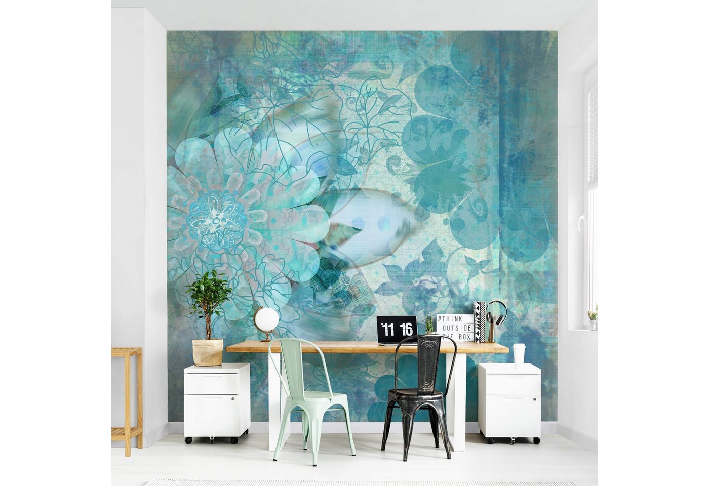 Bilderdepot24 Fototapete Blumen Winterblumen Blumentapete Floral Natur Kunst Vintage Blau, Glatt, Matt, (Vliestapete inkl. Kleister oder selbstklebend), Wohnzimmer Schlafzimmer Küche Flur Motivtapete Vliestapete Wandtapete von Bilderdepot24