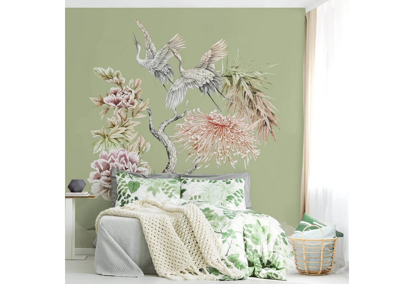 Bilderdepot24 Fototapete Rosen Aquarell Störche Flug Blumen Grün Blumen Natur Pflanzen Wanddeko, Glatt, Matt, (Vliestapete inkl. Kleister oder selbstklebend), Wohnzimmer Schlafzimmer Küche Flur Motivtapete Vliestapete Wandtapete von Bilderdepot24