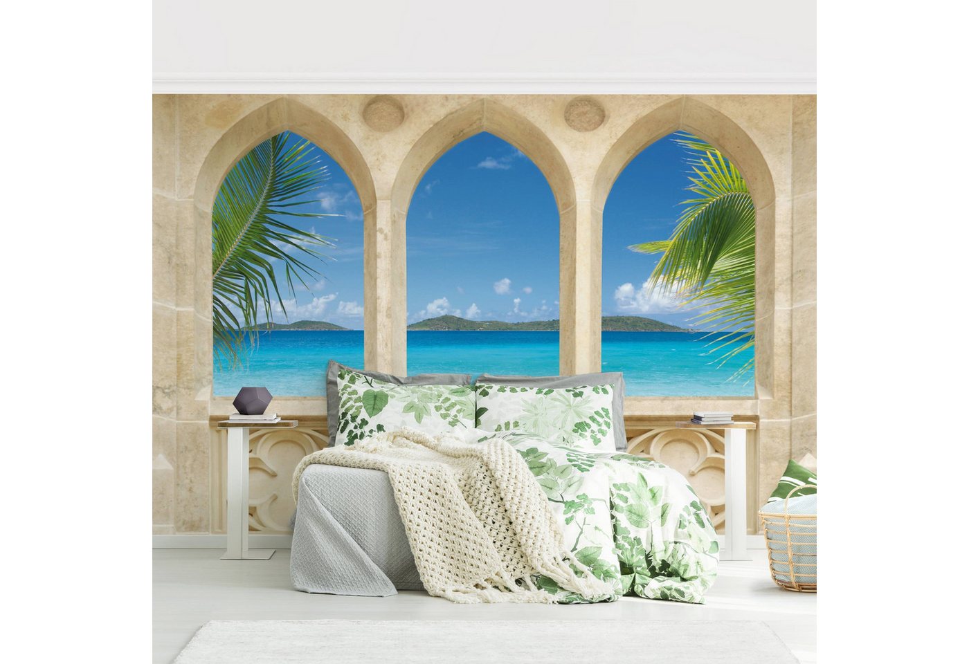 Bilderdepot24 Fototapete Strand & Meer 3D Fenster Meer Insel Palmen Natur Landschaft Maritim, Glatt, Matt, (Vliestapete inkl. Kleister oder selbstklebend), Wohnzimmer Schlafzimmer Küche Flur Motivtapete Vliestapete Wandtapete von Bilderdepot24