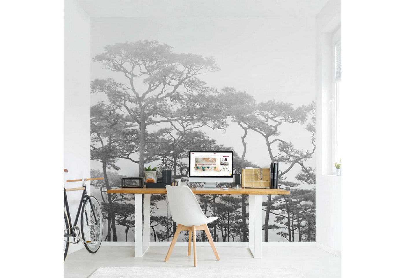 Bilderdepot24 Fototapete Wald Baumkronen Nebel Schwarz Weiß Natur Landschaft Waldtapete Bäume, Glatt, Matt, (Vliestapete inkl. Kleister oder selbstklebend), Wohnzimmer Schlafzimmer Küche Flur Motivtapete Vliestapete Wandtapete von Bilderdepot24