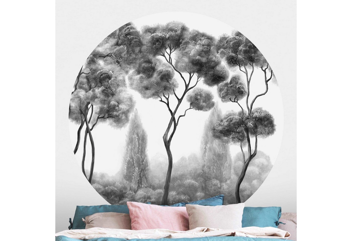 Bilderdepot24 Fototapete rund Hohe Bäume schwarz-weiß, Glatt, Matt, (Vliestapete selbstklebend), Wohnzimmer Schlafzimmer Küche Wandtattoo Motivtapete Klebe Wandtapete von Bilderdepot24