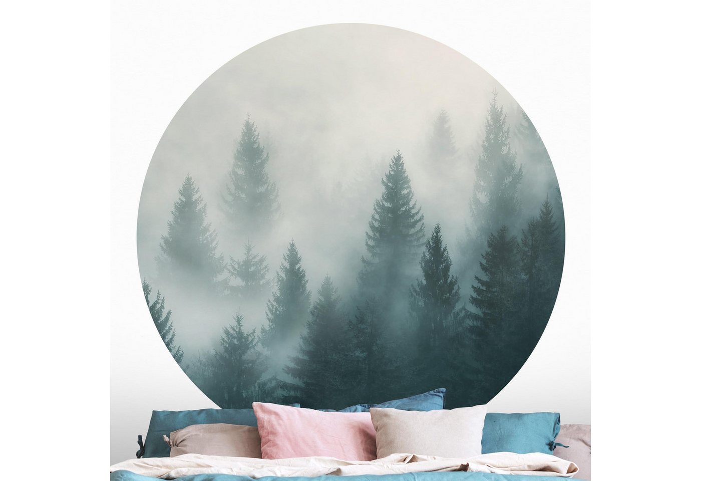 Bilderdepot24 Fototapete rund Wald Nadelwald Nebel Natur Landschaft Waldtapete Bäume, Glatt, Matt, (Vliestapete selbstklebend), Wohnzimmer Schlafzimmer Küche Wandtattoo Motivtapete Klebe Wandtapete von Bilderdepot24