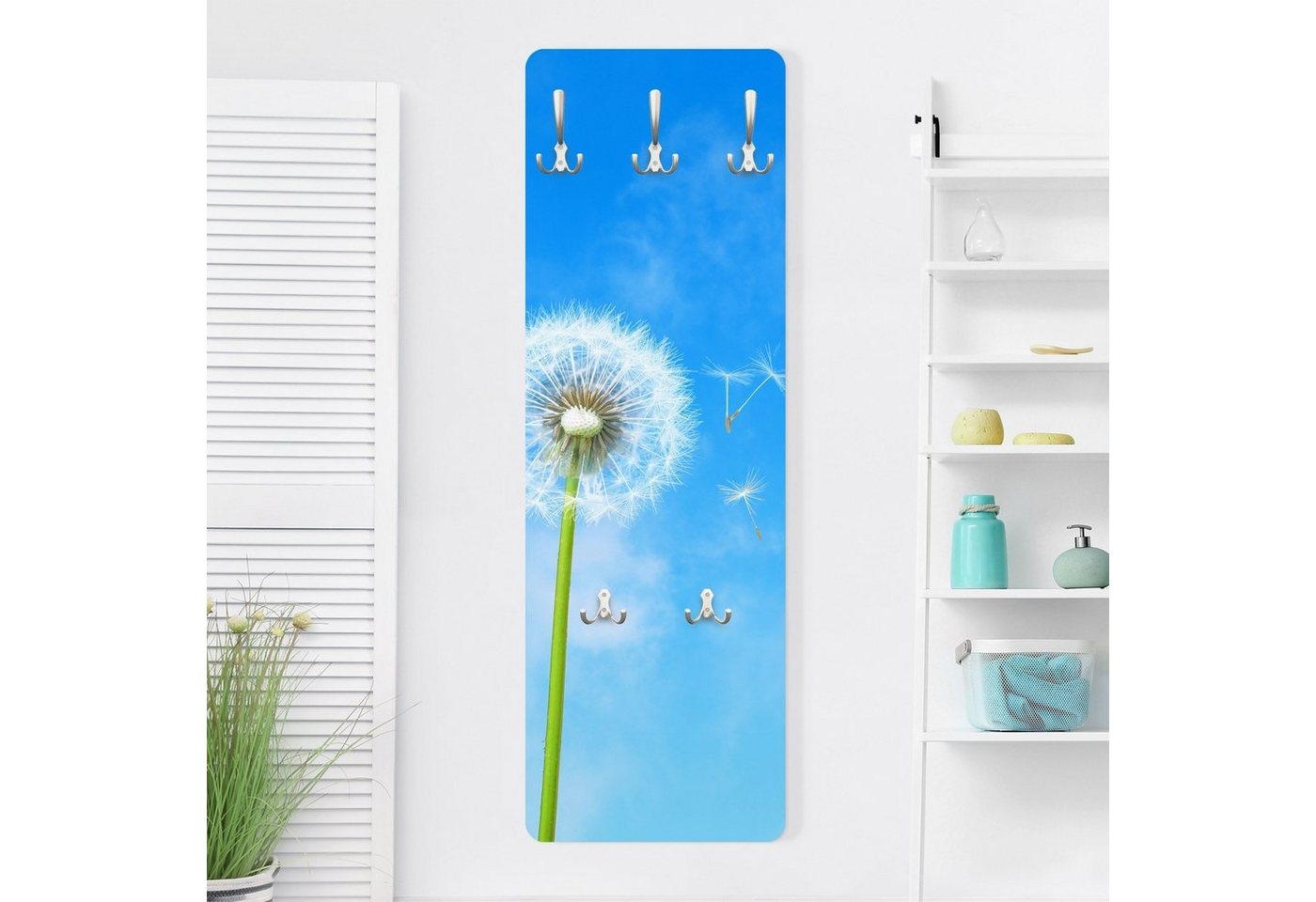 Bilderdepot24 Garderobenpaneel Design Blumen Floral Flying Seeds (ausgefallenes Flur Wandpaneel mit Garderobenhaken Kleiderhaken hängend), moderne Wandgarderobe - Flurgarderobe im schmalen Hakenpaneel Design von Bilderdepot24