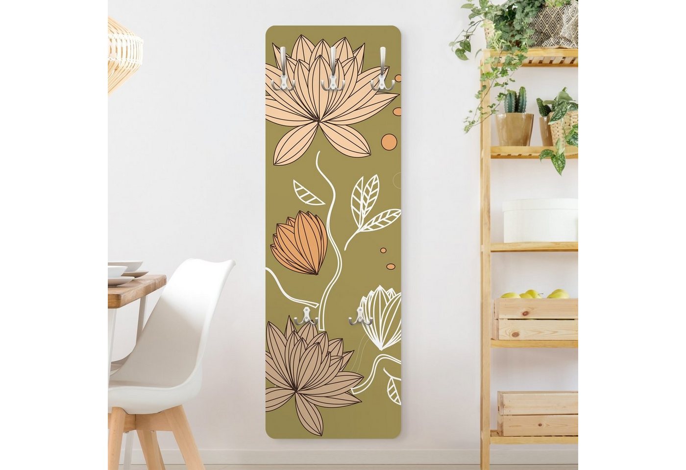 Bilderdepot24 Garderobenpaneel Design Blumen Floral Kunst Muster Art Nouveau Flower (ausgefallenes Flur Wandpaneel mit Garderobenhaken Kleiderhaken hängend), moderne Wandgarderobe - Flurgarderobe im schmalen Hakenpaneel Design von Bilderdepot24