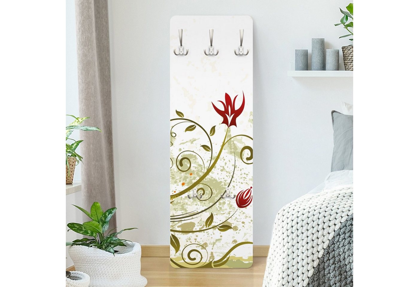 Bilderdepot24 Garderobenpaneel Design Blumen Floral Kunst Muster Fire Flower (ausgefallenes Flur Wandpaneel mit Garderobenhaken Kleiderhaken hängend), moderne Wandgarderobe - Flurgarderobe im schmalen Hakenpaneel Design von Bilderdepot24