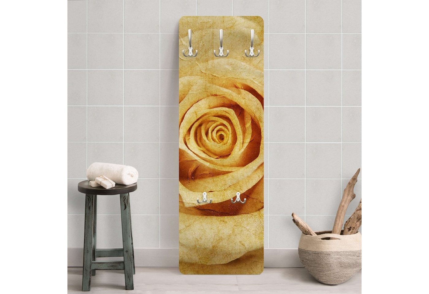 Bilderdepot24 Garderobenpaneel Design Blumen Floral Kunst Retro Vintage Vintage Rose (ausgefallenes Flur Wandpaneel mit Garderobenhaken Kleiderhaken hängend), moderne Wandgarderobe - Flurgarderobe im schmalen Hakenpaneel Design von Bilderdepot24