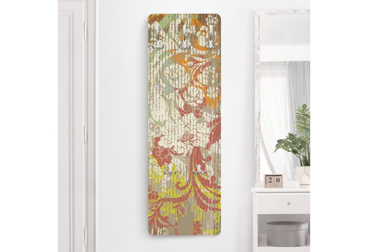 Bilderdepot24 Garderobenpaneel Design Blumen Floral Muster Retro Vintage Blüten vergangener Zeit (ausgefallenes Flur Wandpaneel mit Garderobenhaken Kleiderhaken hängend), moderne Wandgarderobe - Flurgarderobe im schmalen Hakenpaneel Design von Bilderdepot24