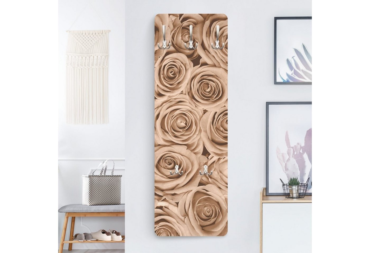 Bilderdepot24 Garderobenpaneel Design Blumen Floral Retro Vintage Vintage Rosen (ausgefallenes Flur Wandpaneel mit Garderobenhaken Kleiderhaken hängend), moderne Wandgarderobe - Flurgarderobe im schmalen Hakenpaneel Design von Bilderdepot24