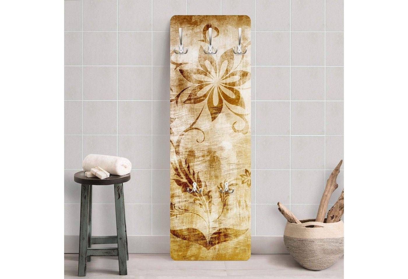 Bilderdepot24 Garderobenpaneel Design Blumen Floral Retro Vintage Wooden Flower (ausgefallenes Flur Wandpaneel mit Garderobenhaken Kleiderhaken hängend), moderne Wandgarderobe - Flurgarderobe im schmalen Hakenpaneel Design von Bilderdepot24