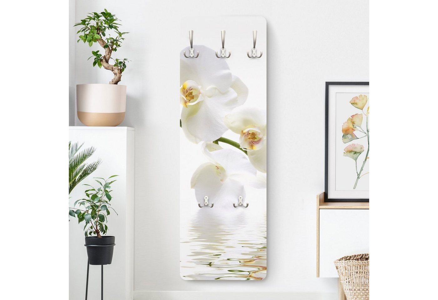 Bilderdepot24 Garderobenpaneel Design Blumen Floral White Orchid Waters (ausgefallenes Flur Wandpaneel mit Garderobenhaken Kleiderhaken hängend), moderne Wandgarderobe - Flurgarderobe im schmalen Hakenpaneel Design von Bilderdepot24