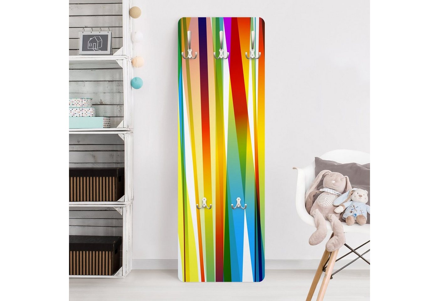 Bilderdepot24 Garderobenpaneel Design Kinder Kunst Muster Rainbow Stripes (ausgefallenes Flur Wandpaneel mit Garderobenhaken Kleiderhaken hängend), moderne Wandgarderobe - Flurgarderobe im schmalen Hakenpaneel Design von Bilderdepot24