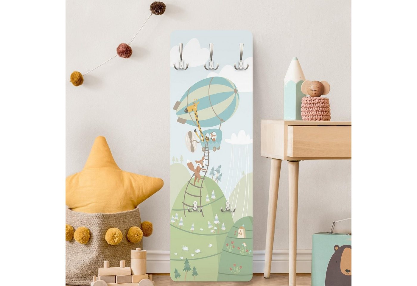 Bilderdepot24 Garderobenpaneel Design Kinder Tiere Wald mit Häusern und Fuchs (ausgefallenes Flur Wandpaneel mit Garderobenhaken Kleiderhaken hängend), moderne Wandgarderobe - Flurgarderobe im schmalen Hakenpaneel Design von Bilderdepot24