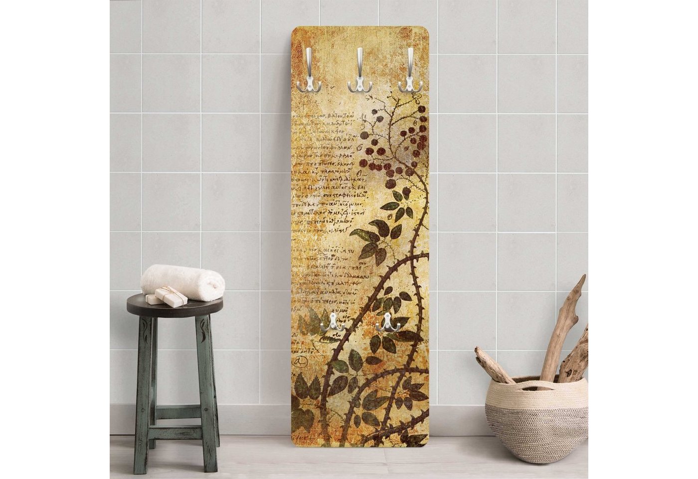 Bilderdepot24 Garderobenpaneel Design Retro Vintage Shabby Blumen Floral Secret Feelings (ausgefallenes Flur Wandpaneel mit Garderobenhaken Kleiderhaken hängend), moderne Wandgarderobe - Flurgarderobe im schmalen Hakenpaneel Design von Bilderdepot24