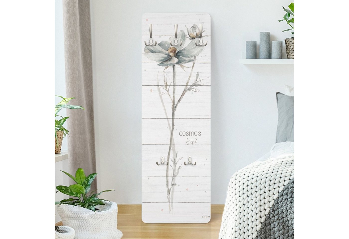 Bilderdepot24 Garderobenpaneel beige Blumen Floral Holzoptik Kunst Aquarell Cosmea auf Holz Design (ausgefallenes Flur Wandpaneel mit Garderobenhaken Kleiderhaken hängend), moderne Wandgarderobe - Flurgarderobe im schmalen Hakenpaneel Design von Bilderdepot24