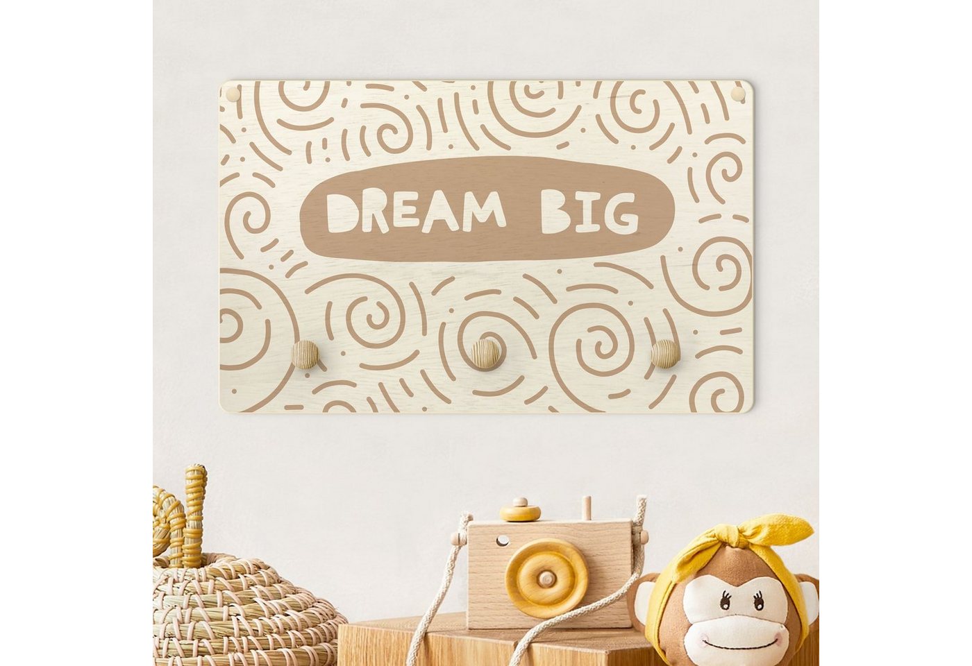 Bilderdepot24 Garderobenpaneel beige Illustration Sprüche Spruch Dream Big mit Wirbel Natur (Kindergarderobe Holz Kleiderhaken für die Wand inkl. Montagematerial), moderne Wand Garderobenleiste Flur - kleine Hakenleiste Kinderzimmer von Bilderdepot24