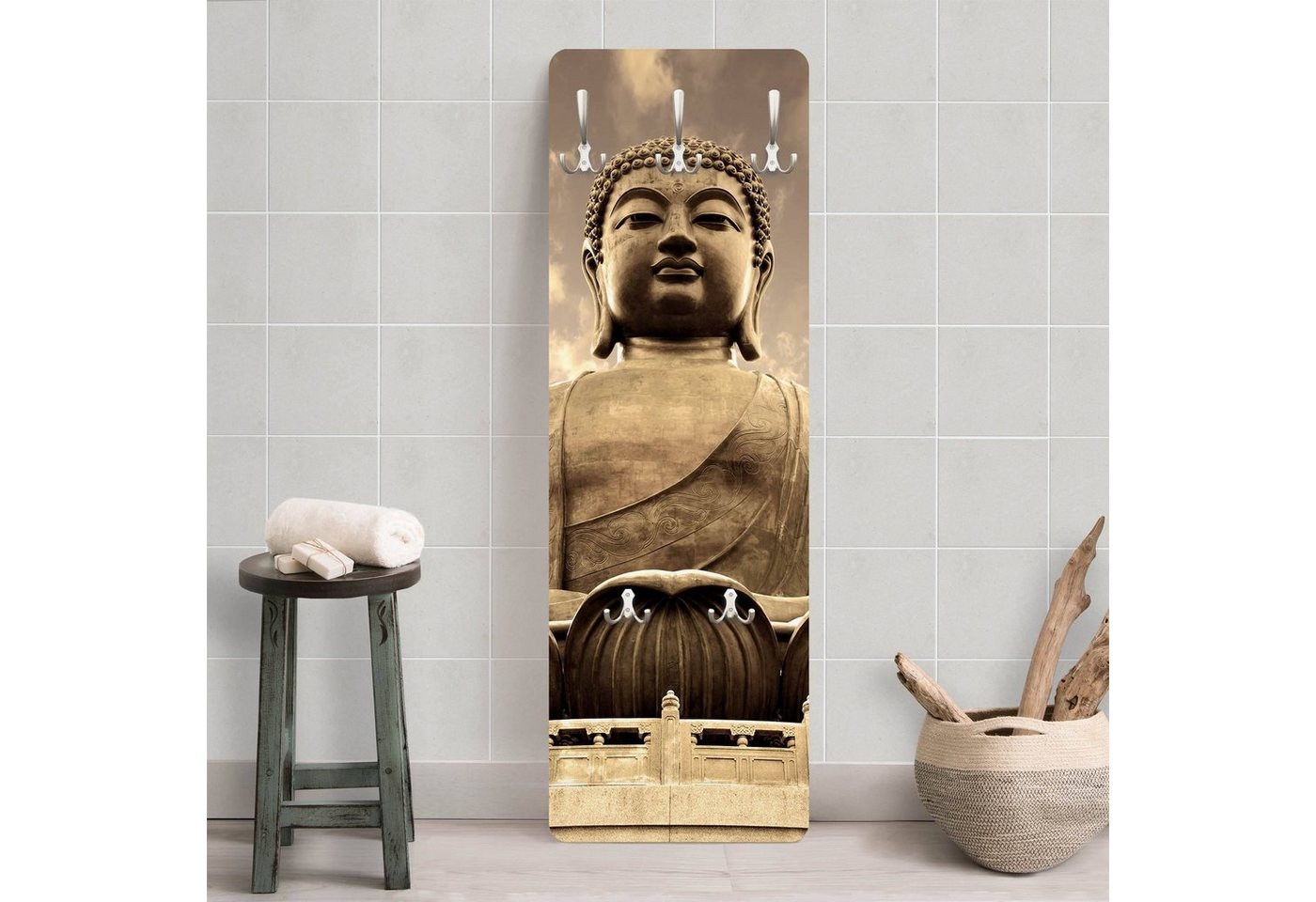 Bilderdepot24 Garderobenpaneel beige Retro Vintage Spirituell Großer Buddha Sepia Design (ausgefallenes Flur Wandpaneel mit Garderobenhaken Kleiderhaken hängend), moderne Wandgarderobe - Flurgarderobe im schmalen Hakenpaneel Design von Bilderdepot24