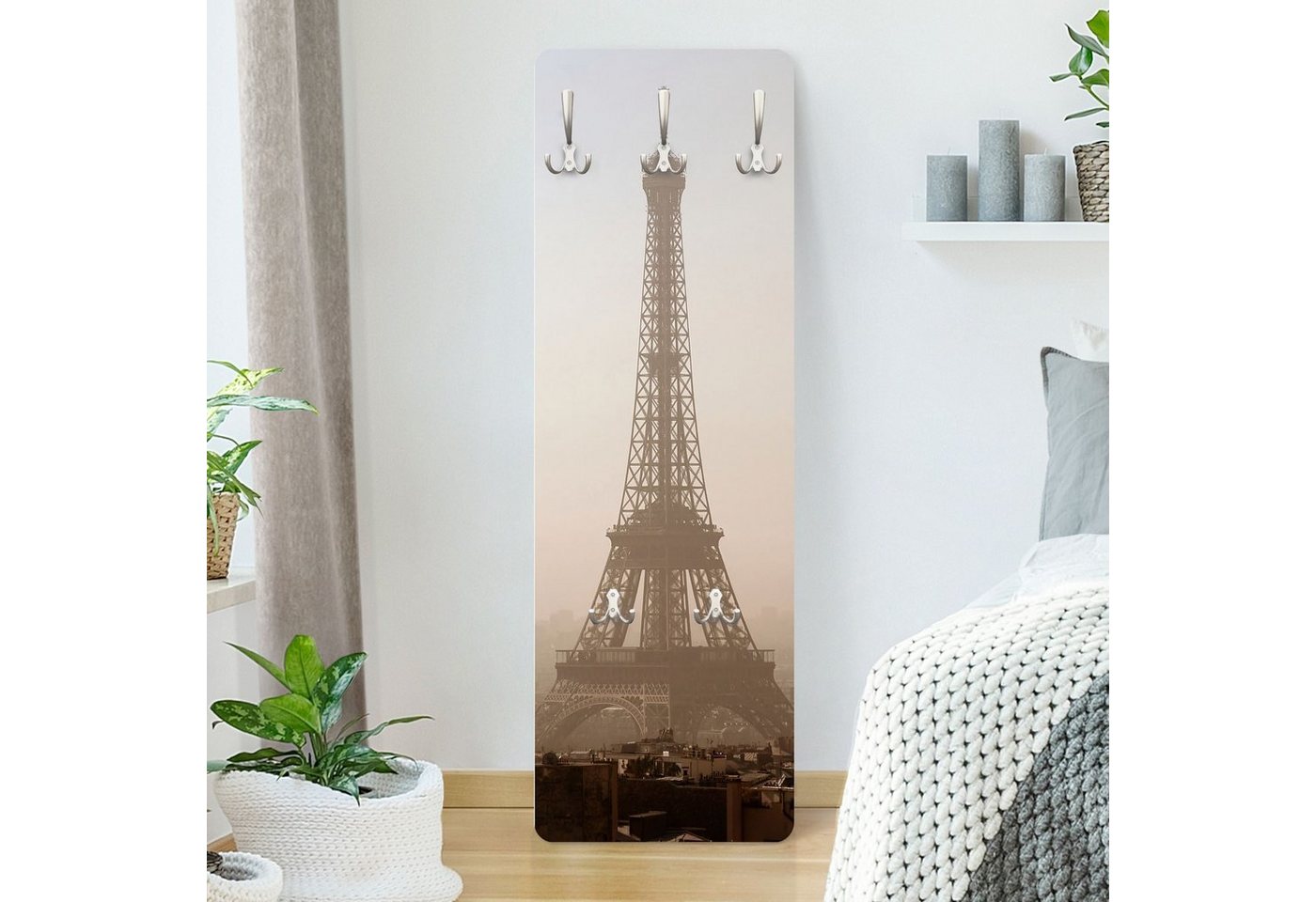 Bilderdepot24 Garderobenpaneel beige Retro Vintage Städte Skyline Tour Eiffel Design (ausgefallenes Flur Wandpaneel mit Garderobenhaken Kleiderhaken hängend), moderne Wandgarderobe - Flurgarderobe im schmalen Hakenpaneel Design von Bilderdepot24