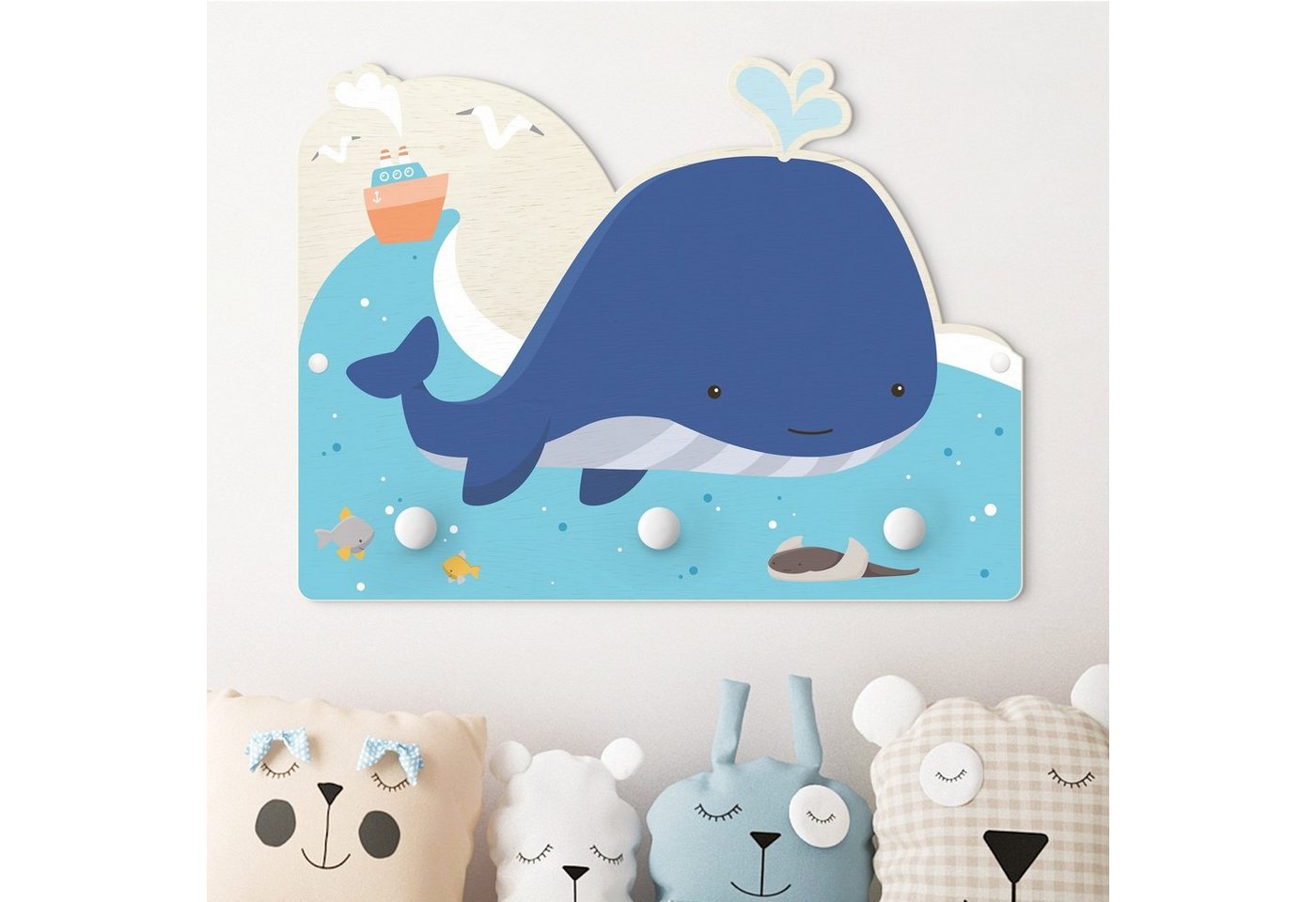 Bilderdepot24 Garderobenpaneel blau Illustration Tiere Freundlicher Wal im Meer (Kindergarderobe Holz Kleiderhaken für die Wand inkl. Montagematerial), moderne Wand Garderobenleiste Flur - kleine Hakenleiste Kinderzimmer von Bilderdepot24