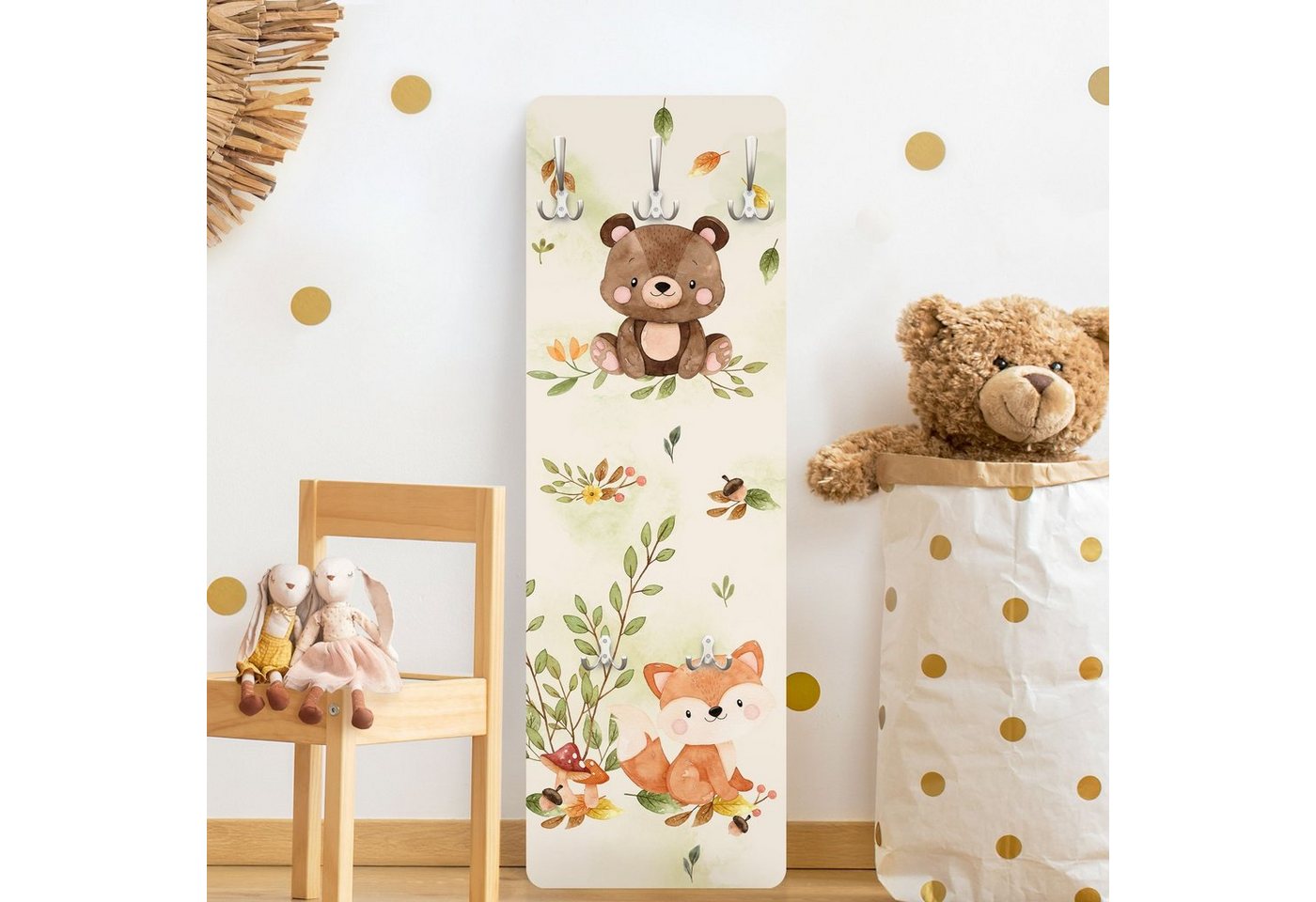 Bilderdepot24 Garderobenpaneel bunt Aquarell Kinder Tiere Waldtiere Fuchs Bär Eichhörnchen Waschbär (ausgefallenes Flur Wandpaneel mit Garderobenhaken Kleiderhaken hängend), moderne Wandgarderobe - Flurgarderobe im schmalen Hakenpaneel Design von Bilderdepot24