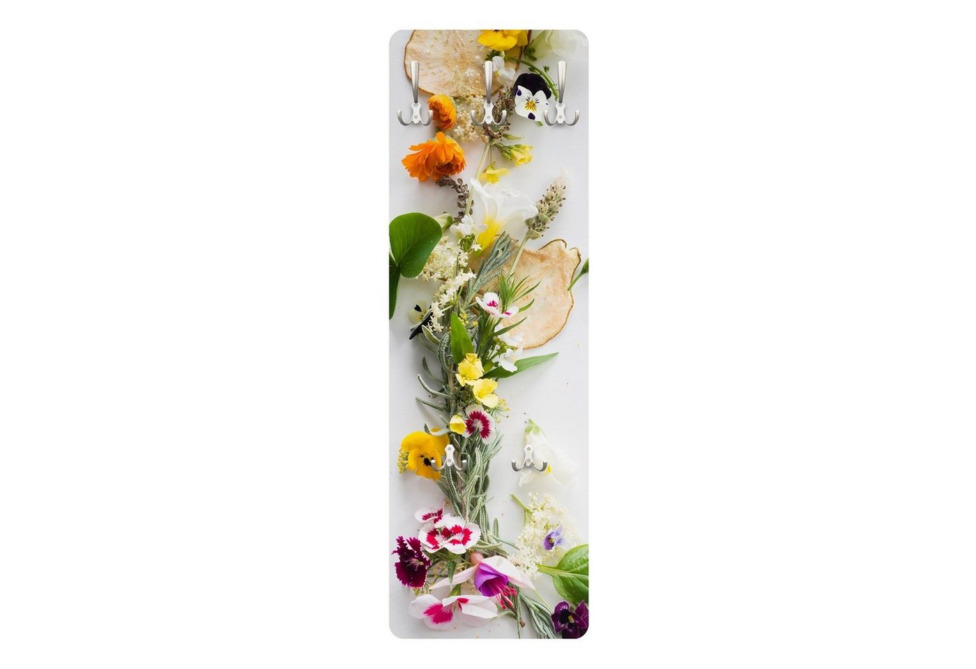 Bilderdepot24 Garderobenpaneel bunt Blumen Floral Kulinarisch Frische Kräuter mit Essblüten Design (ausgefallenes Flur Wandpaneel mit Garderobenhaken Kleiderhaken hängend), moderne Wandgarderobe - Flurgarderobe im schmalen Hakenpaneel Design von Bilderdepot24