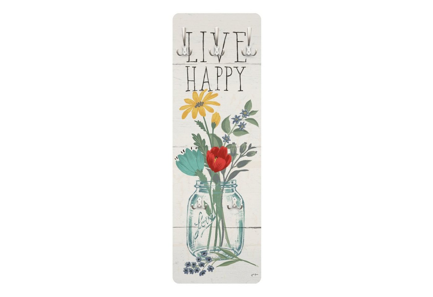 Bilderdepot24 Garderobenpaneel bunt Blumen Floral Live Happy - Blumenvase auf Holz Design (ausgefallenes Flur Wandpaneel mit Garderobenhaken Kleiderhaken hängend), moderne Wandgarderobe - Flurgarderobe im schmalen Hakenpaneel Design von Bilderdepot24