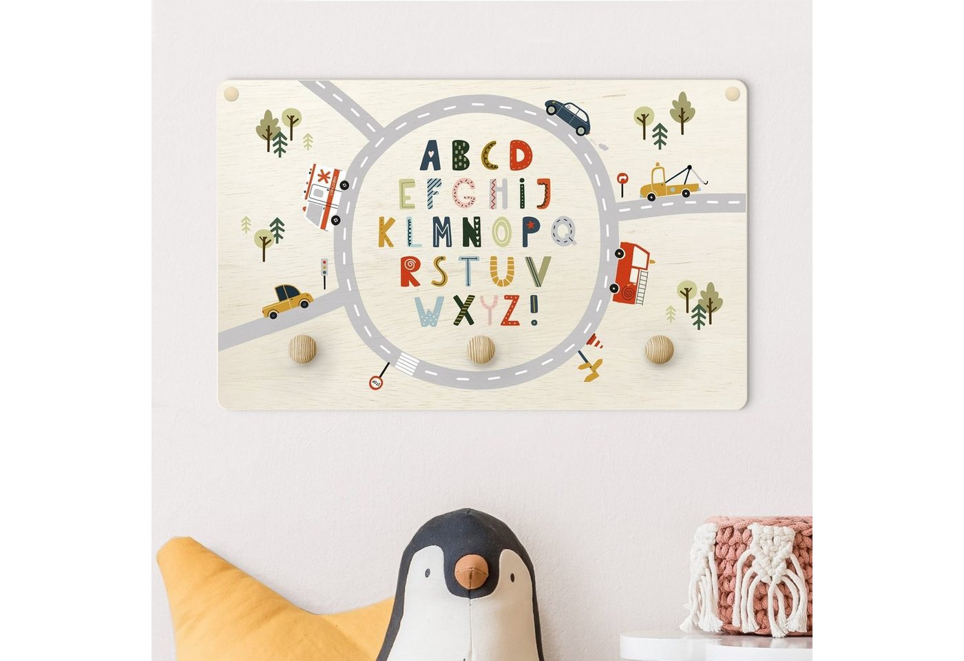 Bilderdepot24 Garderobenpaneel bunt Illustration Buntes Alphabet Kreisverkehr (Kindergarderobe Holz Kleiderhaken für die Wand inkl. Montagematerial), moderne Wand Garderobenleiste Flur - kleine Hakenleiste Kinderzimmer von Bilderdepot24