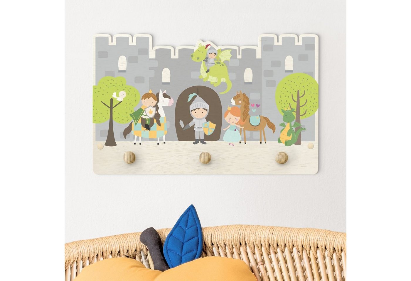 Bilderdepot24 Garderobenpaneel bunt Illustration Tiere Burg Ritter Drachen Prinzen und Prinzessin (Kindergarderobe Holz Kleiderhaken für die Wand inkl. Montagematerial), moderne Wand Garderobenleiste Flur - kleine Hakenleiste Kinderzimmer von Bilderdepot24