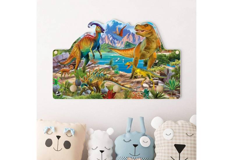 Bilderdepot24 Garderobenpaneel bunt Illustration Tiere T-Rex und Parasaurolophus (Kindergarderobe Holz Kleiderhaken für die Wand inkl. Montagematerial), moderne Wand Garderobenleiste Flur - kleine Hakenleiste Kinderzimmer von Bilderdepot24