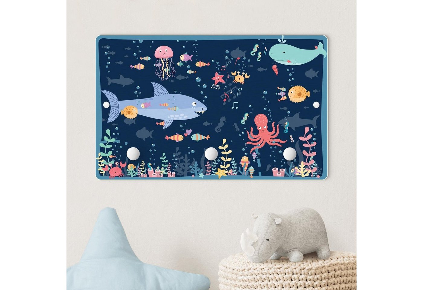 Bilderdepot24 Garderobenpaneel bunt Illustration Tiere Unterwasser Auf Entdeckungstour (Kindergarderobe Holz Kleiderhaken für die Wand inkl. Montagematerial), moderne Wand Garderobenleiste Flur - kleine Hakenleiste Kinderzimmer von Bilderdepot24