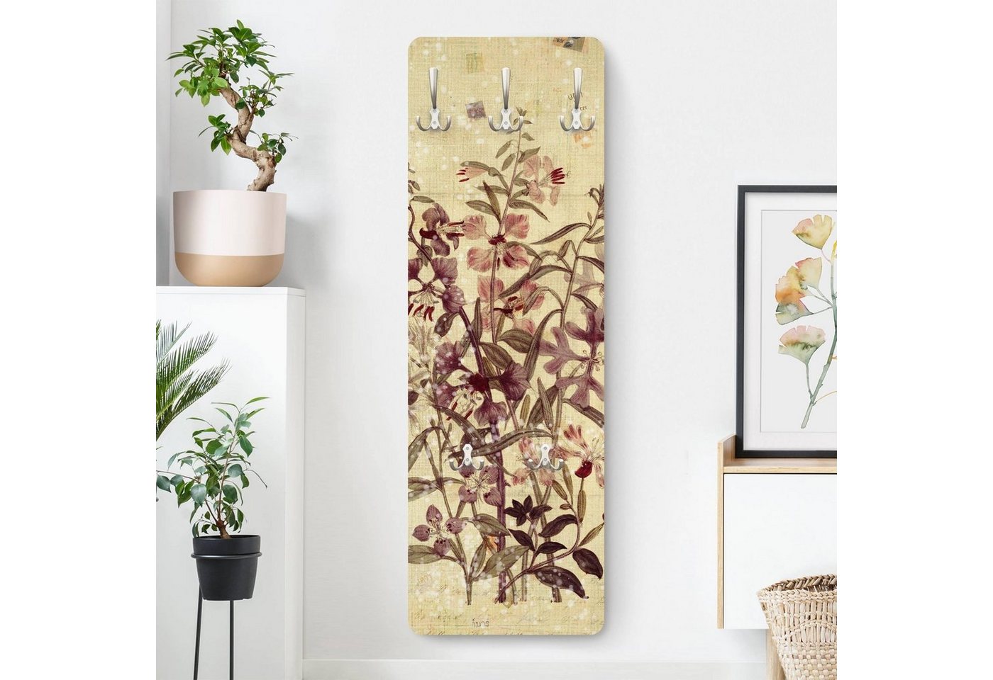 Bilderdepot24 Garderobenpaneel gelb Blumen Floral Kunst Retro Vintage Vintage Florale Leinenoptik (ausgefallenes Flur Wandpaneel mit Garderobenhaken Kleiderhaken hängend), moderne Wandgarderobe - Flurgarderobe im schmalen Hakenpaneel Design von Bilderdepot24