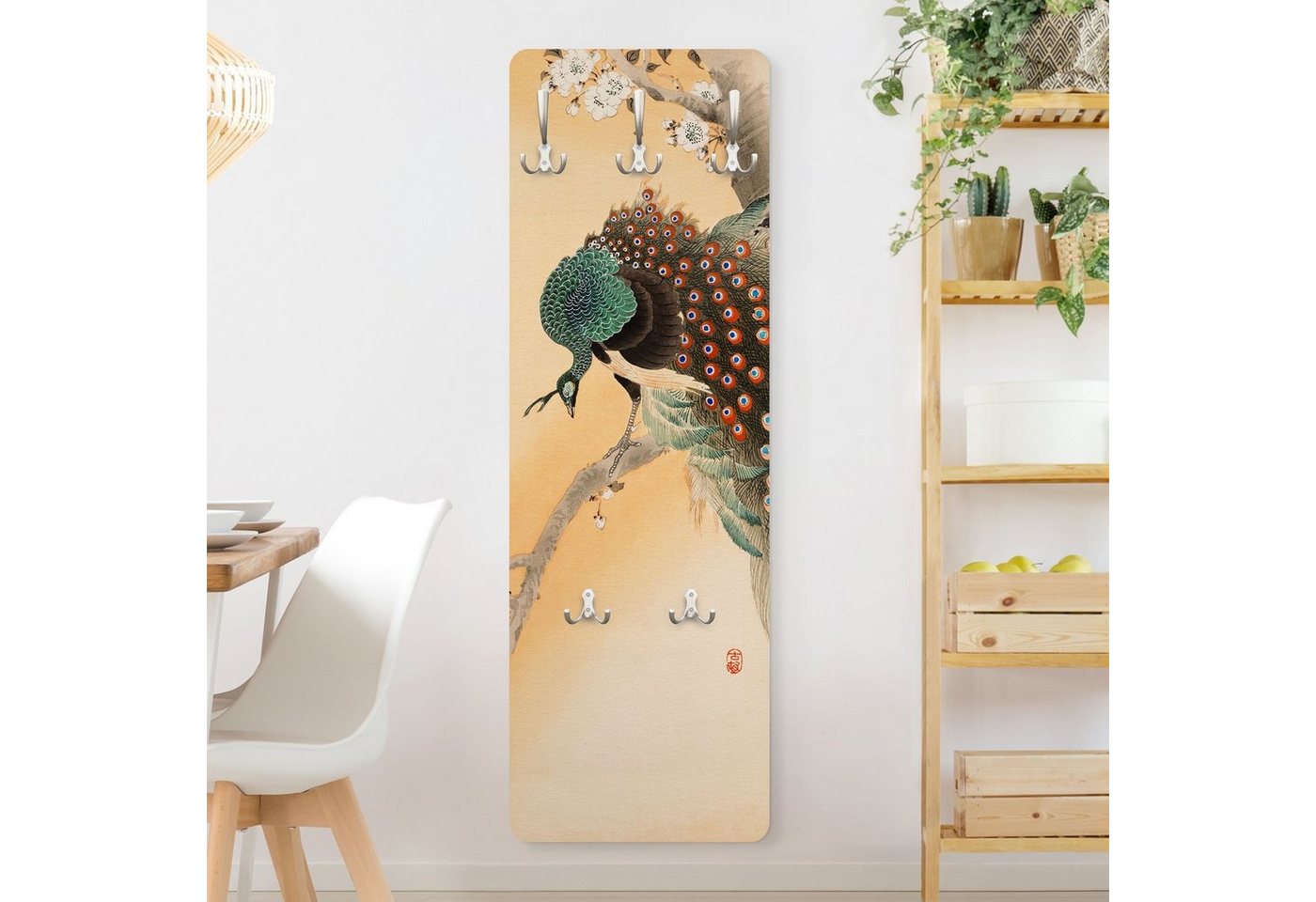 Bilderdepot24 Garderobenpaneel gelb Retro Vintage Tiere Vintage Illustration Asiatischer Pfau II (ausgefallenes Flur Wandpaneel mit Garderobenhaken Kleiderhaken hängend), moderne Wandgarderobe - Flurgarderobe im schmalen Hakenpaneel Design von Bilderdepot24