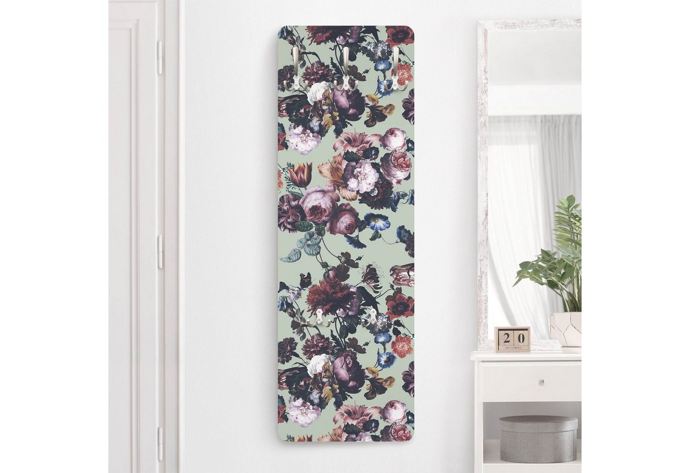 Bilderdepot24 Garderobenpaneel grün Anlässe Blumen Liebe Retro Vintage Blüten Tulpen Rosen auf Grün (ausgefallenes Flur Wandpaneel mit Garderobenhaken Kleiderhaken hängend), moderne Wandgarderobe - Flurgarderobe im schmalen Hakenpaneel Design von Bilderdepot24