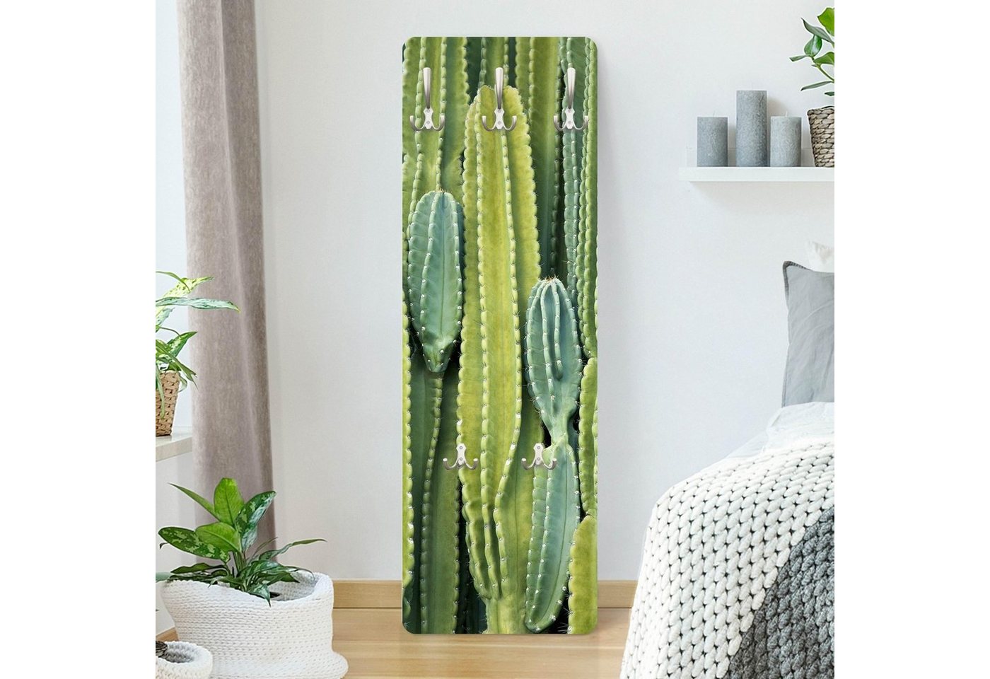 Bilderdepot24 Garderobenpaneel grün Blumen Floral Botanik Tropisch Kaktus Wand Design (ausgefallenes Flur Wandpaneel mit Garderobenhaken Kleiderhaken hängend), moderne Wandgarderobe - Flurgarderobe im schmalen Hakenpaneel Design von Bilderdepot24