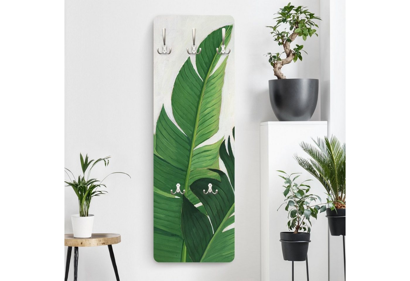 Bilderdepot24 Garderobenpaneel grün Blumen Floral Botanik Tropisch Kunst Lieblingspflanzen - Banane (ausgefallenes Flur Wandpaneel mit Garderobenhaken Kleiderhaken hängend), moderne Wandgarderobe - Flurgarderobe im schmalen Hakenpaneel Design von Bilderdepot24