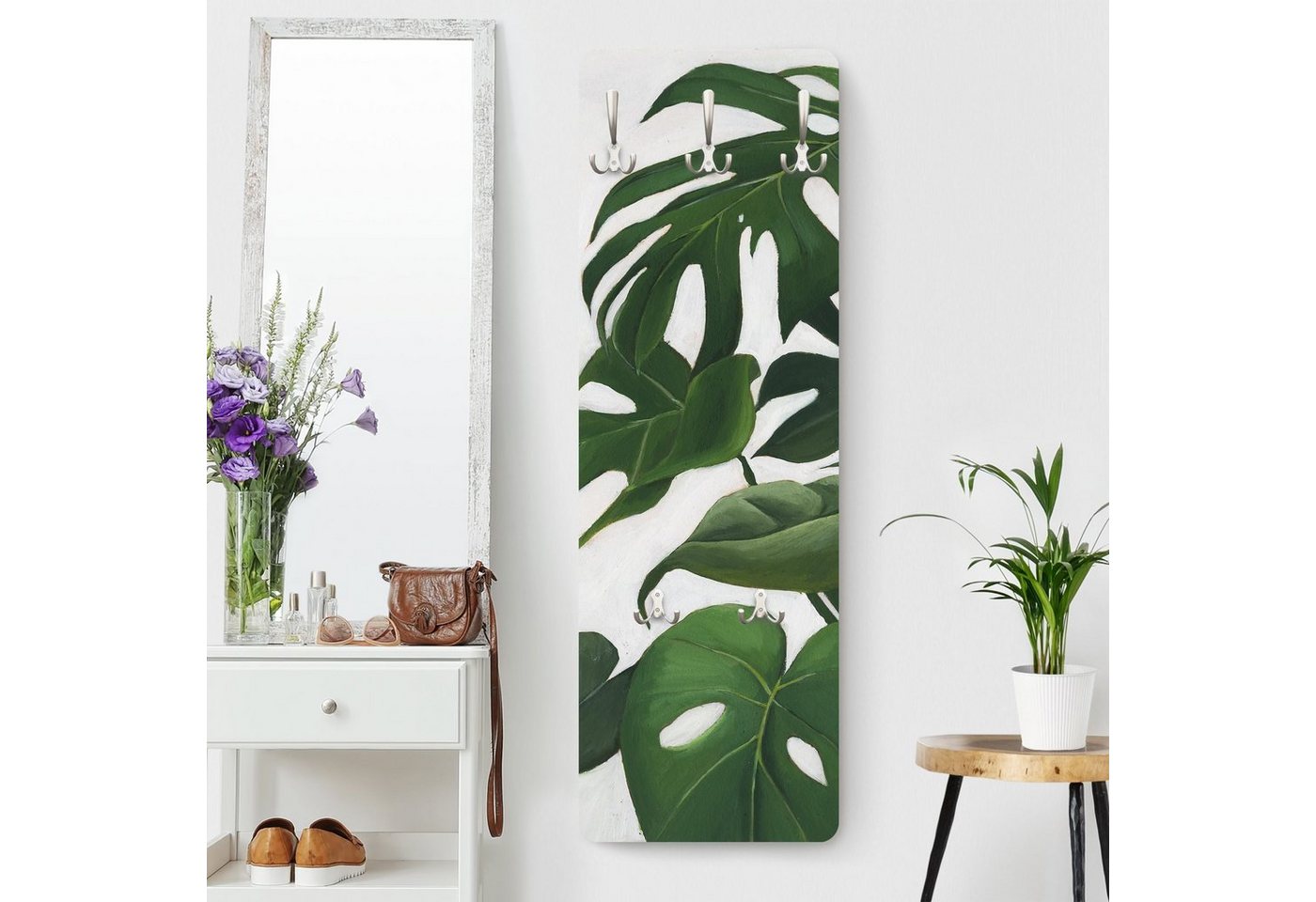 Bilderdepot24 Garderobenpaneel grün Blumen Floral Botanik Tropisch Kunst Lieblingspflanzen - Monstera (ausgefallenes Flur Wandpaneel mit Garderobenhaken Kleiderhaken hängend), moderne Wandgarderobe - Flurgarderobe im schmalen Hakenpaneel Design von Bilderdepot24